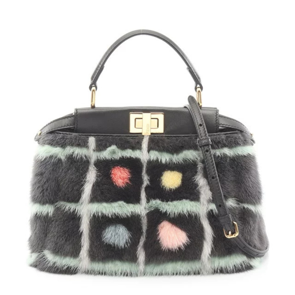 Fendi Peekaboo Handbag Leather Fur Gray Black Multicolor
